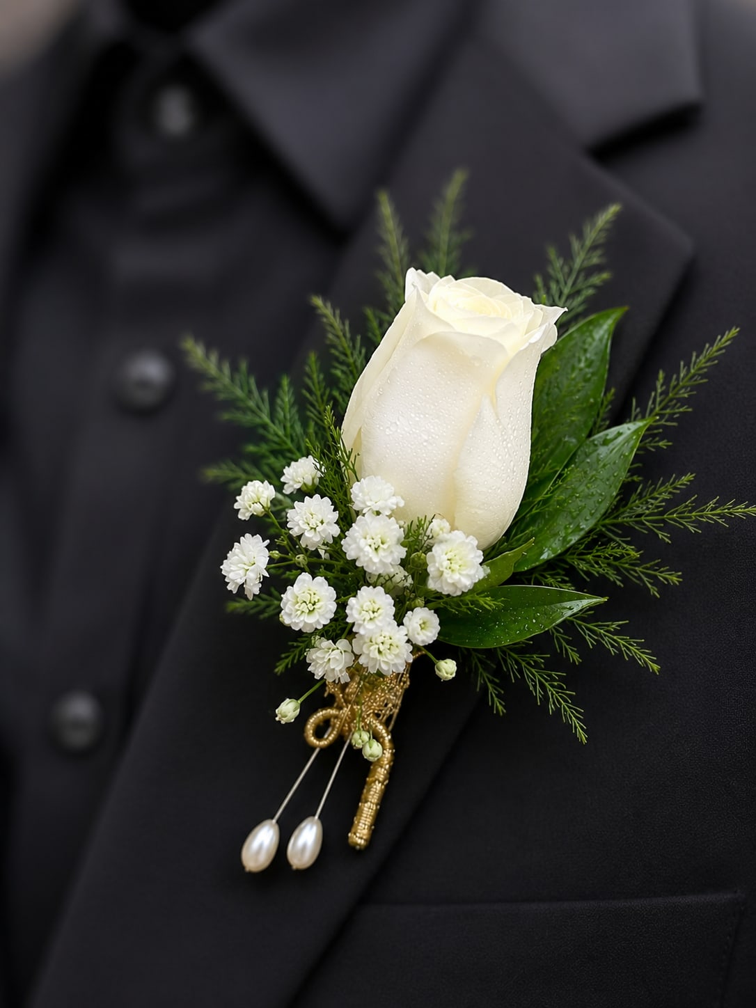 White rose boutonniere with small white flowers on a black jacket