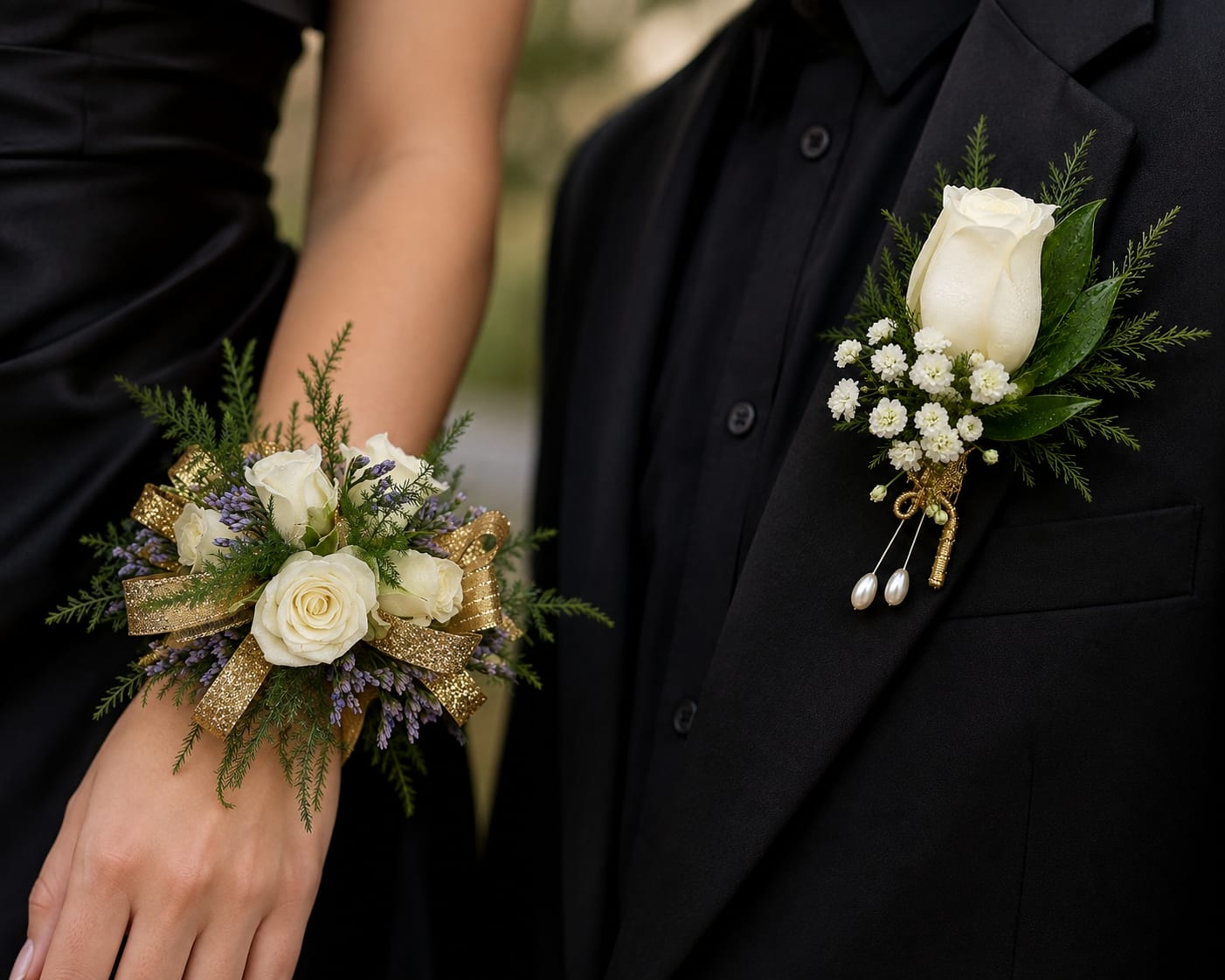 White rose boutonniere and matching wrist corsage on black formalwear