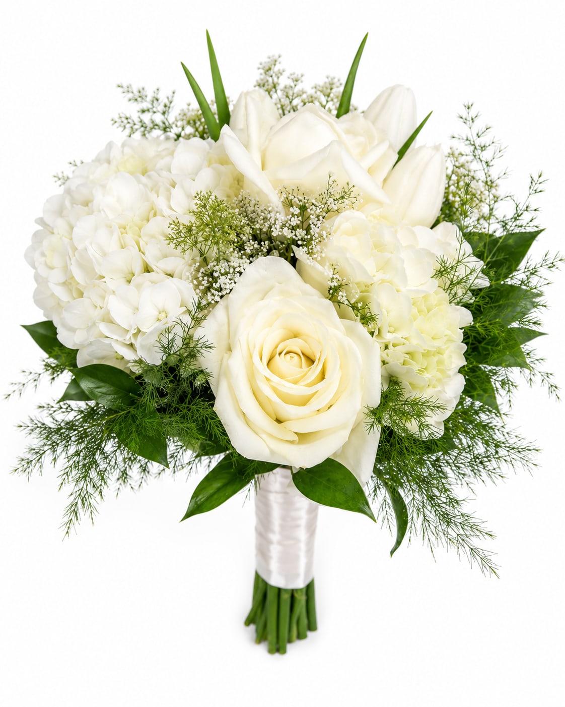 White rose and hydrangea bouquet with green filler and ribbon wrap