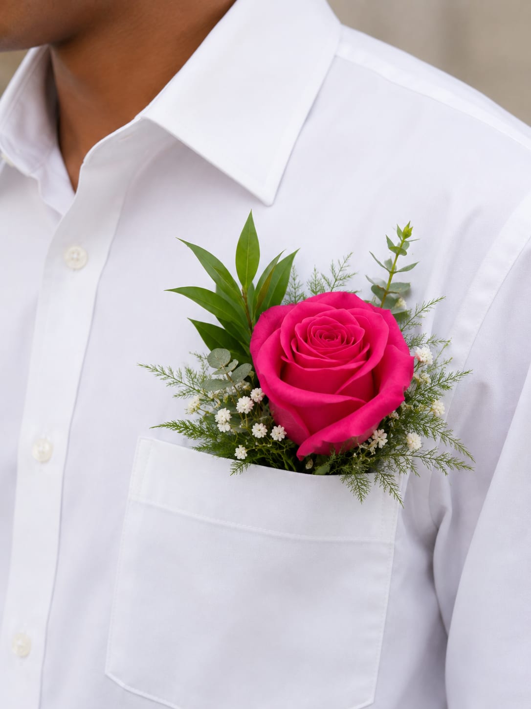 Hot pink rose boutonniere pinned to a white dress shirt