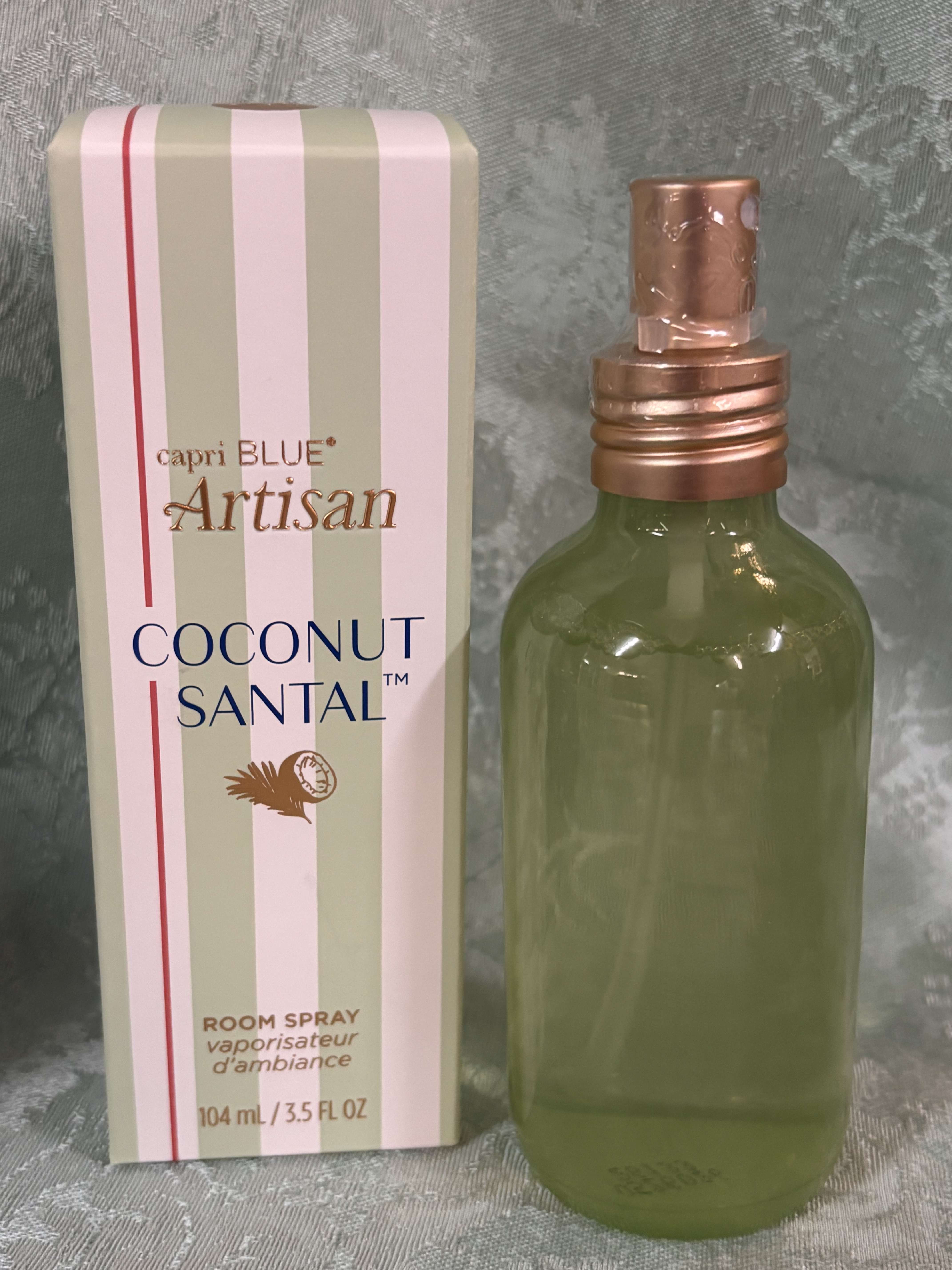 Coconut Santal room spray bottle with matching striped box