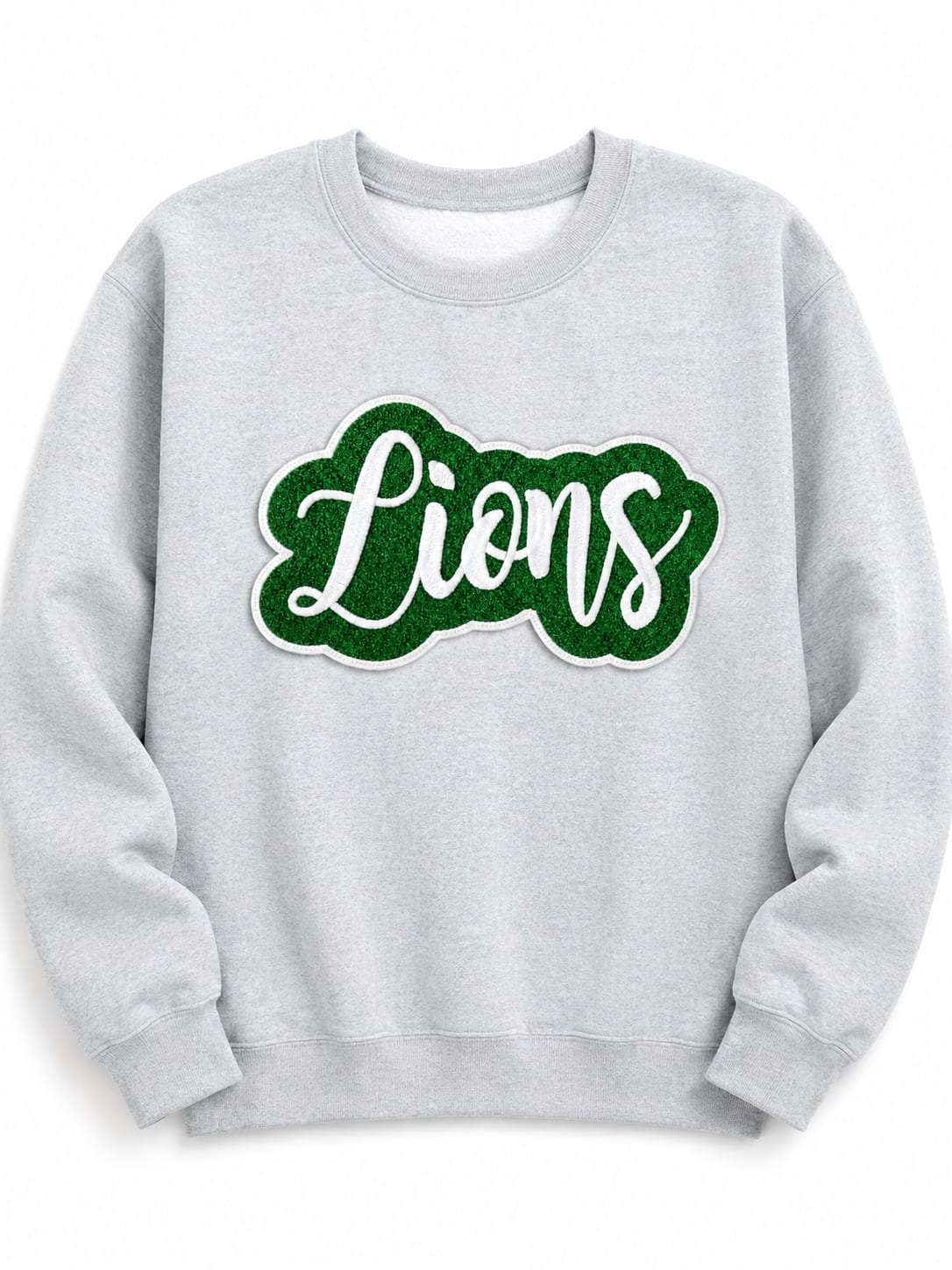 Gray sweatshirt with a green "Lions" patch on the chest