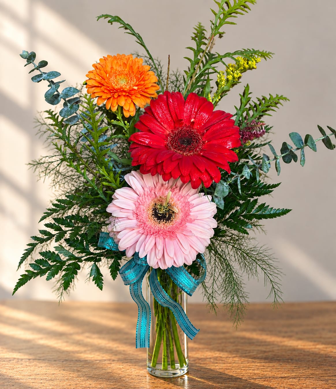 Bouquet of red, pink, and orange gerbera daisies in a clear glass vase