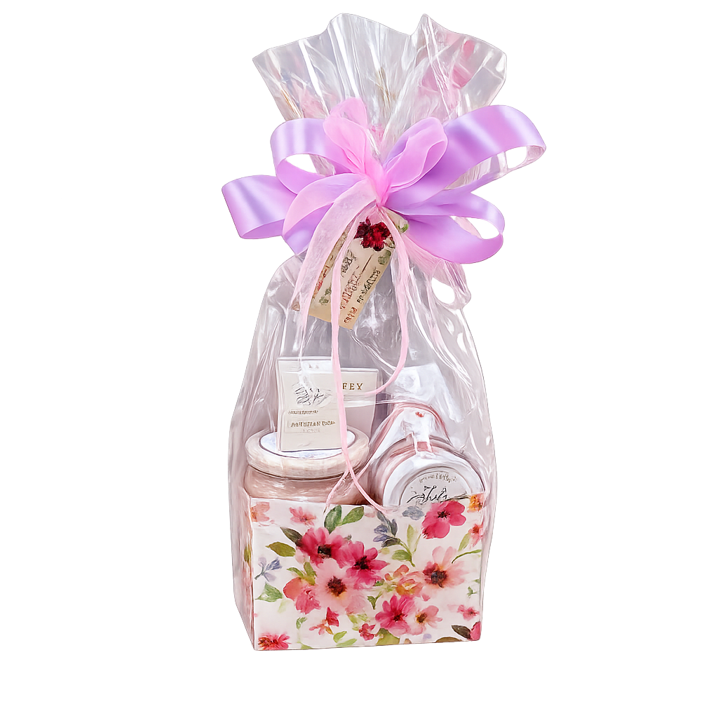 Gift basket wrapped in clear plastic with a lavender bow and floral box