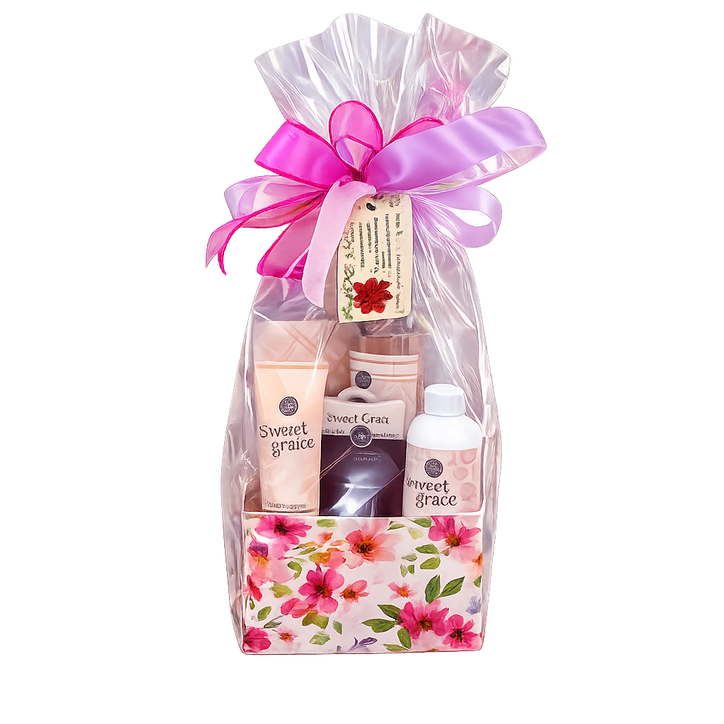 Sweet Grace Gift Set / Care package - Illuminate the preciousness of life and effortless beauty of passionate fruits radiating with sparkling tea and classic patchouli. Sweet Grace Gift Set includes a hand picked assortment of Sweet Grace fragranced products.