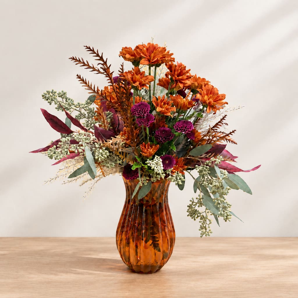 Orange and purple floral arrangement in an amber glass vase