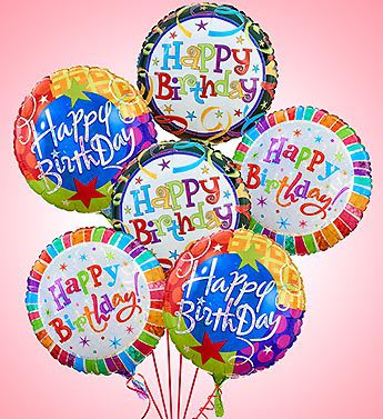 Cluster of colorful birthday balloons with "Happy Birthday" text