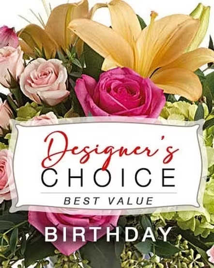 Bouquet of pink roses and yellow lilies with a birthday sign