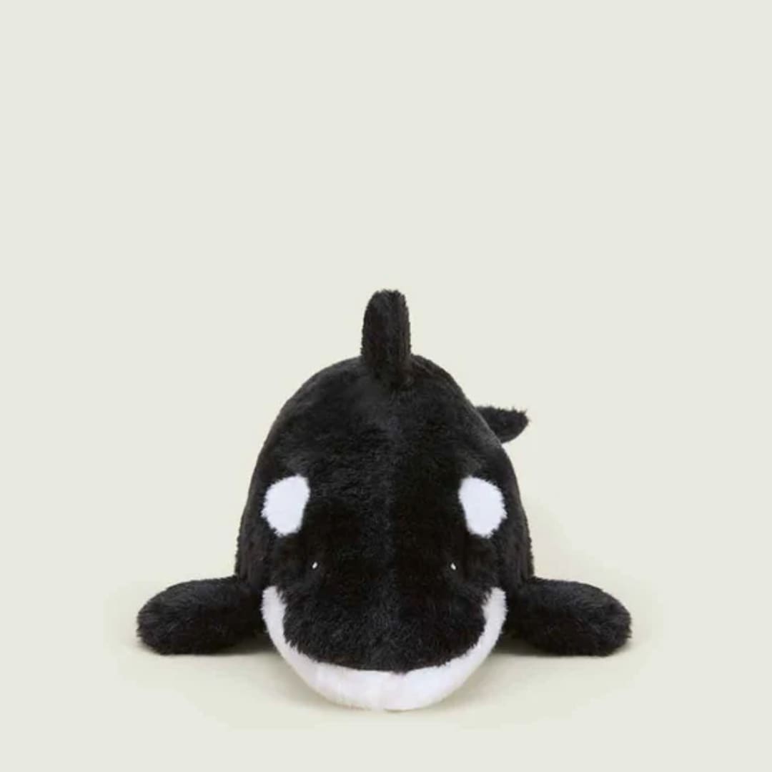 Black and white orca plush toy on a plain background
