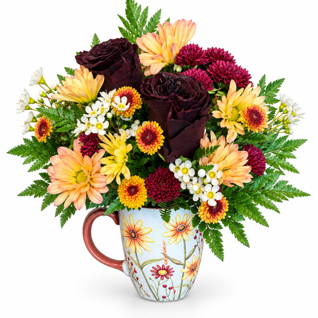 Bouquet of dark roses and mixed daisies in a floral mug vase