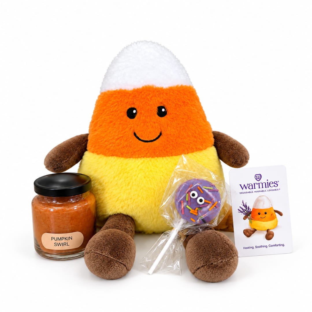 Candy corn plush with a pumpkin swirl jar and lollipop