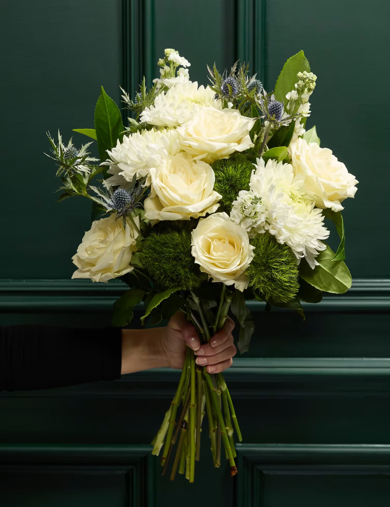 Handheld bouquet of white roses and white chrysanthemums with blue thistle accents