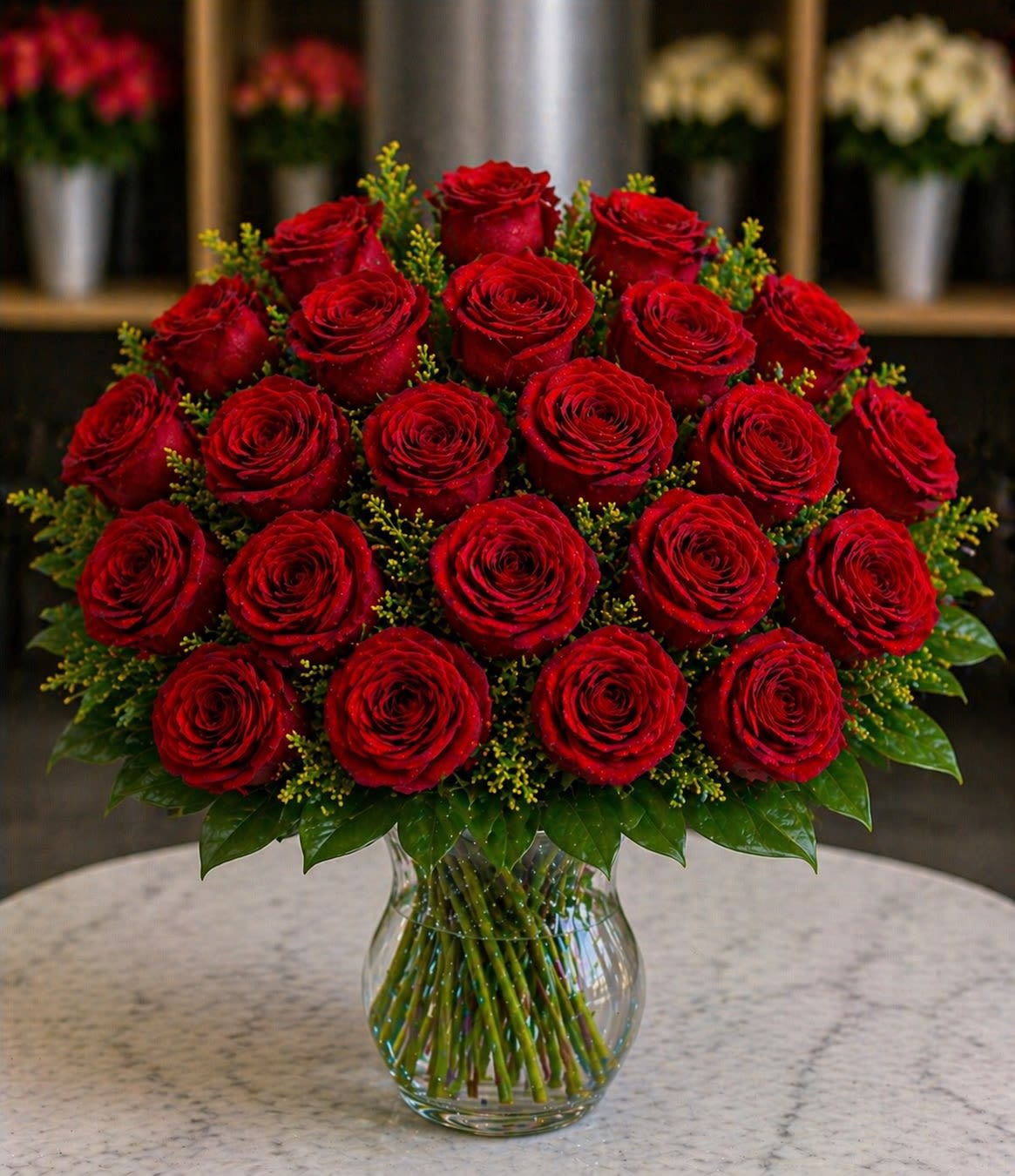 Rouge Éternelle - A timeless luxury arrangement featuring velvety deep red roses accented with lush greenery and delicate golden filler, elegantly arranged in a classic clear glass vase.  Rouge Éternelle — meaning “Eternal Red” — embodies everlasting love, passion, and sophistication. With its rich crimson palette and perfectly balanced dome design, this arrangement delivers a dramatic couture floral aesthetic that feels both modern and timeless.