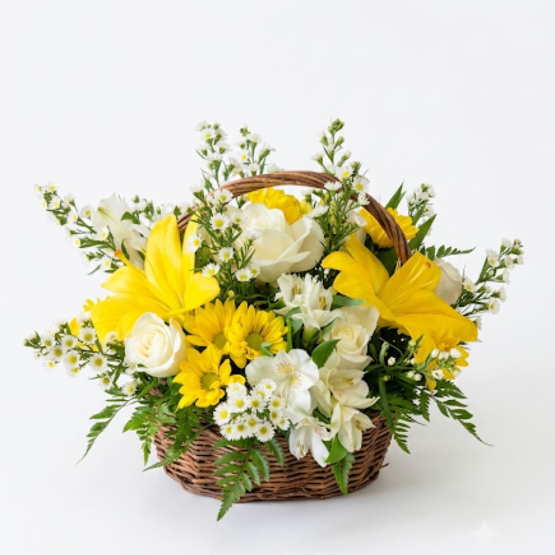 Yellow and white flowers arranged in a wicker basket