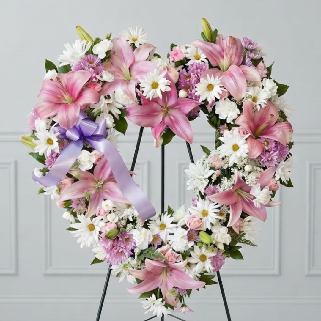 Heart-shaped floral wreath with pink lilies, white daisies, and a lavender ribbon