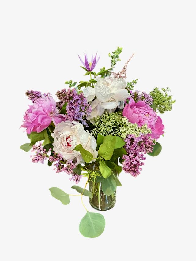 Pink and white mixed bouquet in a glass vase