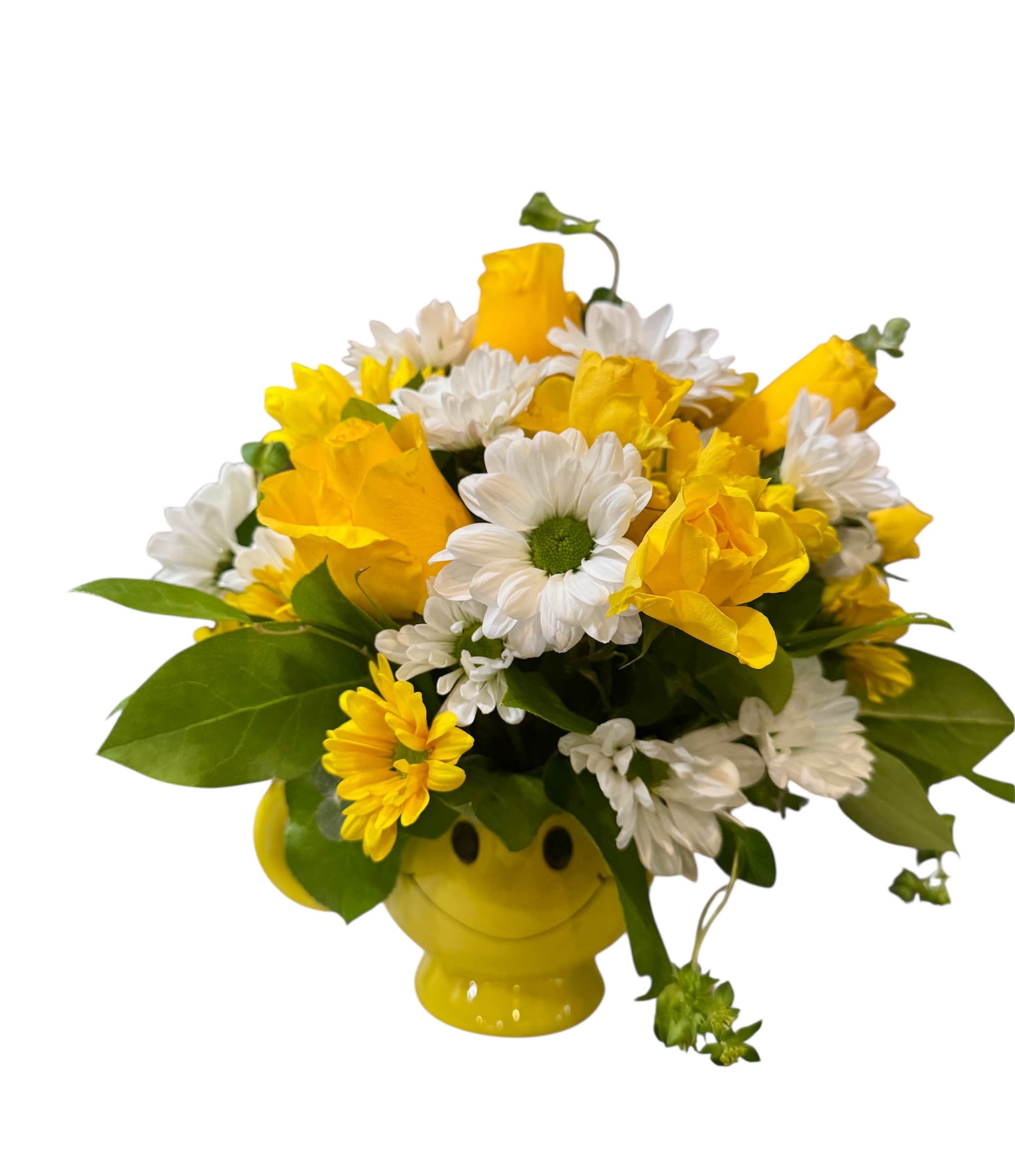 Yellow roses and white daisies in a smiley-face vase