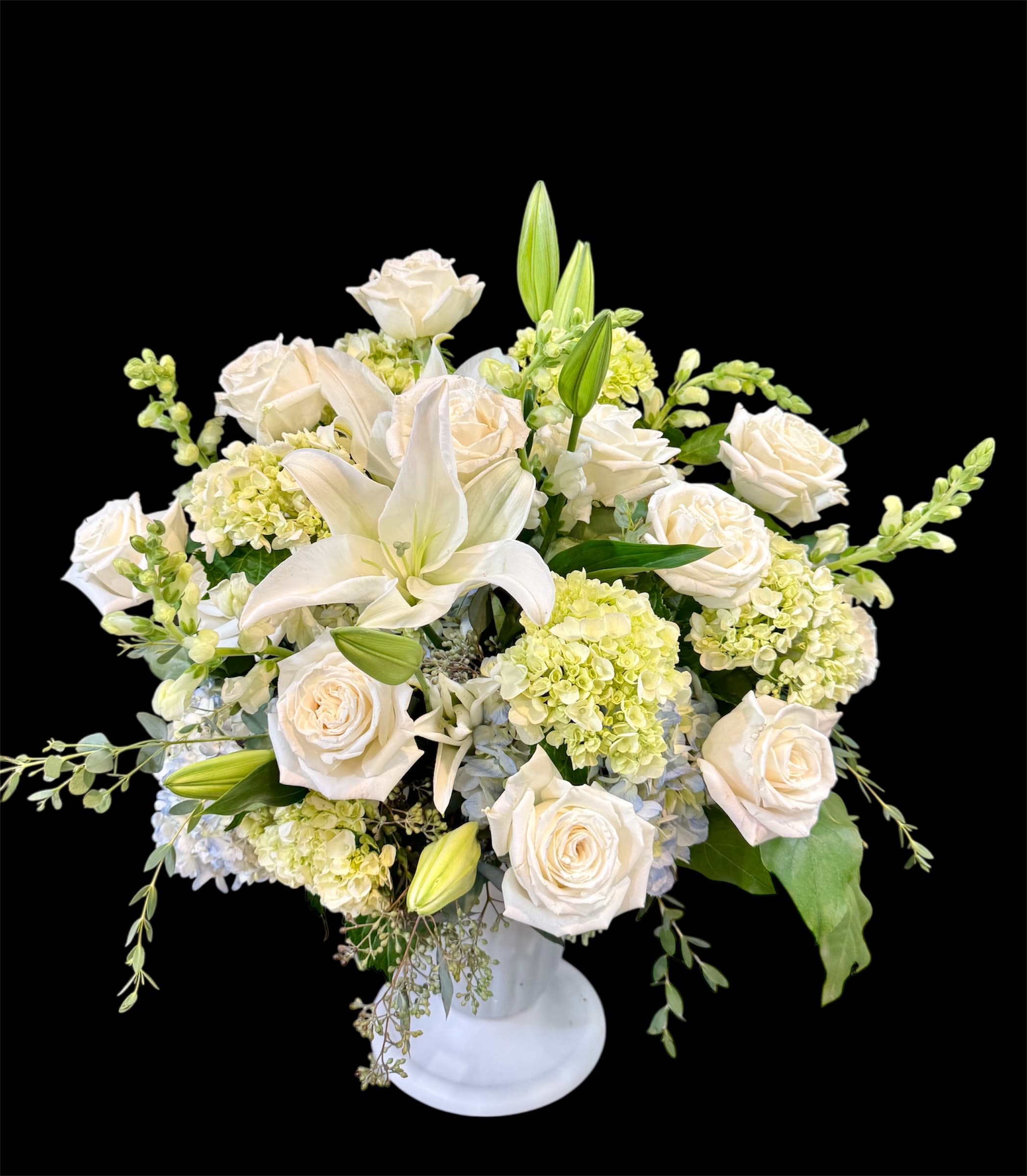 Loving Thoughts Floor Basket - A Beautiful floor basket filled with pure white flowers, designed to bring peace and comfort. 