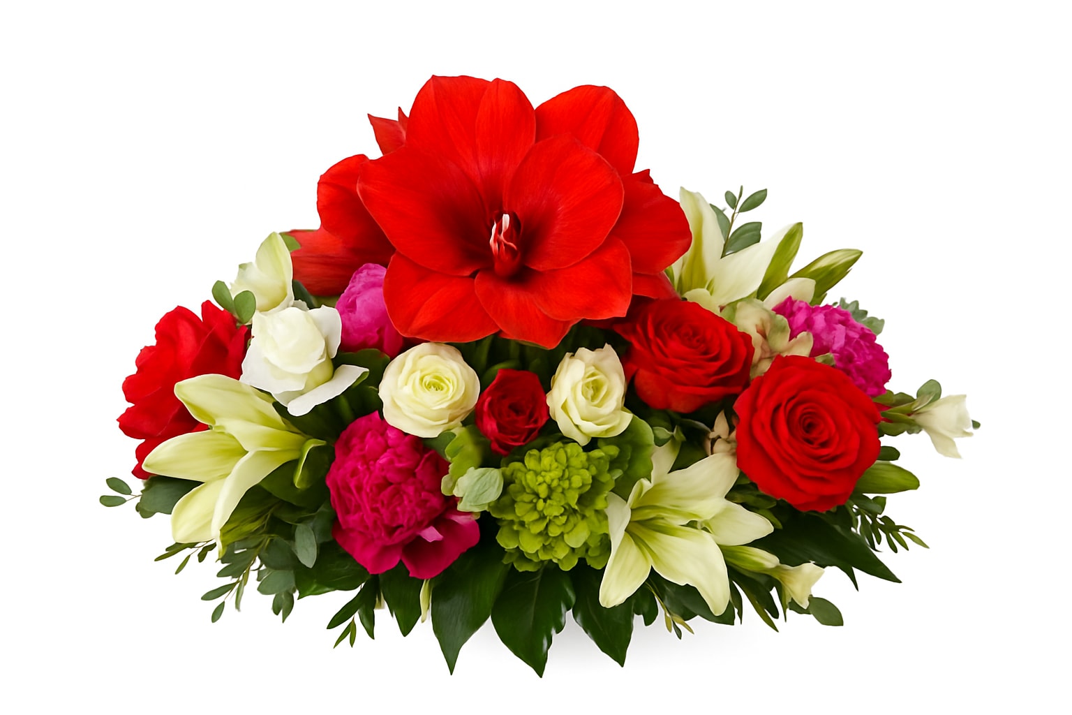 Red and white floral arrangement with lilies and roses
