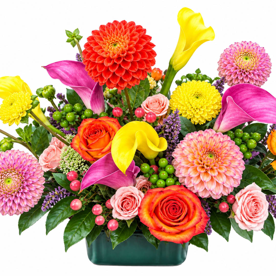 Colorful mixed bouquet with calla lilies, dahlias, roses, and a green vase