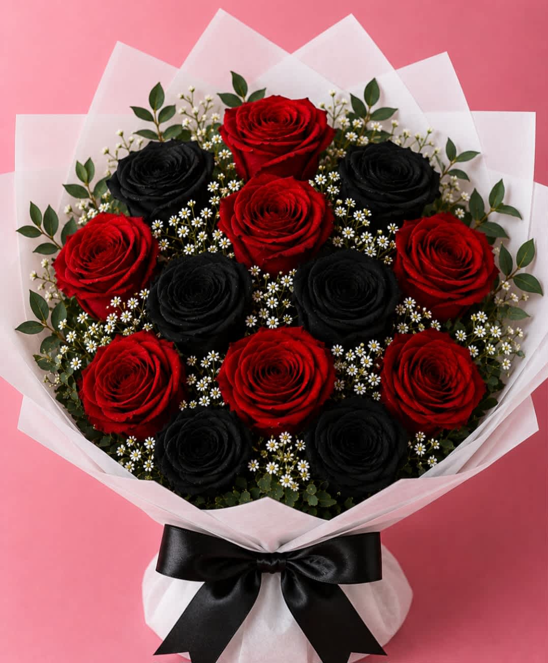 Bouquet of red and black roses with small white filler flowers, wrapped in white paper and tied with a black ribbon.