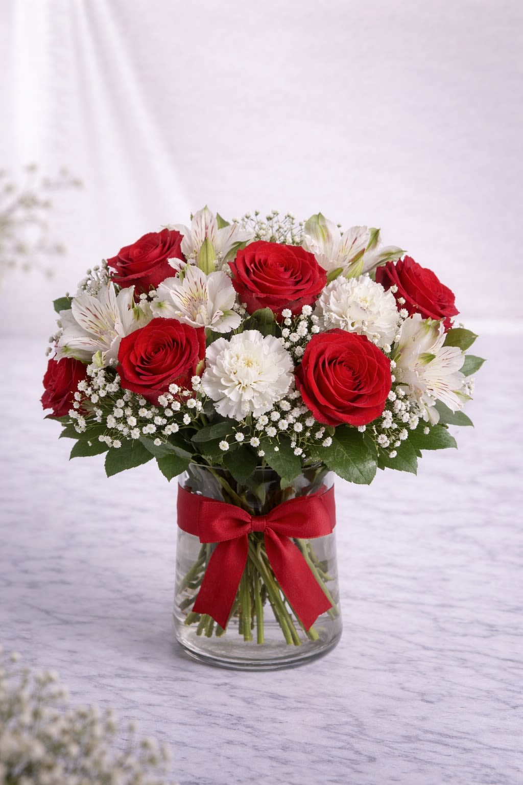 Scarlet Symphony - Scarlet Symphony is a bold and refined arrangement that blends passionate red roses with soft white blooms and delicate accent flowers for a perfectly balanced look. The vibrant reds symbolize deep love and admiration, while the fresh whites add elegance and purity, creating a design that feels both powerful and graceful. Arranged in a clear glass vase and finished with a coordinating ribbon, this piece is ideal for romantic occasions, anniversaries, or when you want to make a meaningful statement. Please note: Flower varieties may vary depending on seasonal availability. If substitutions are needed, we will always preserve the same red and white color palette and overall design style. Containers and ribbon details will always match the arrangement’s colors to ensure a cohesive and beautiful presentation.