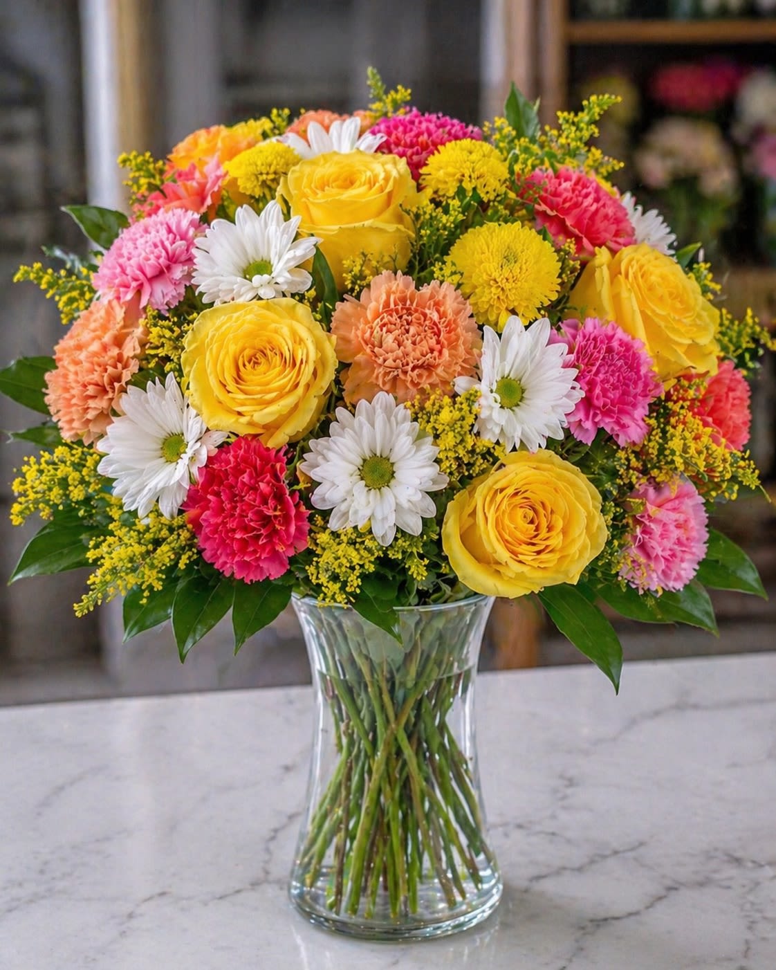 Soleil Fête - Bright, joyful, and bursting with cheerful elegance, Soleil Fête is a vibrant garden-style arrangement featuring golden yellow roses, playful pink and peach carnations, white daisies, button mums, and airy golden solidago gathered in a classic clear glass vase. Its lively blend of sunshine yellows, soft pinks, and crisp whites creates a radiant floral statement full of warmth, happiness, and celebration.