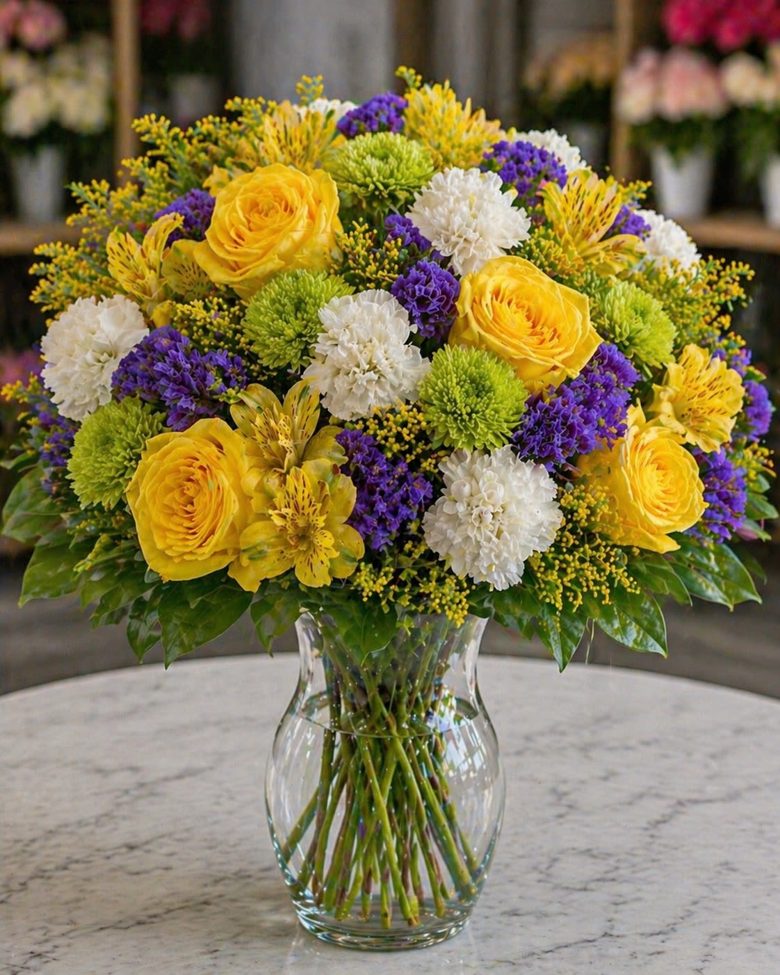 Sunlit Harmony - A joyful and sophisticated floral arrangement designed with radiant yellow roses, sunny alstroemeria, crisp white carnations, vibrant green button mums, rich purple statice, and delicate golden solidago in a classic clear glass vase. Sunlit Harmony captures the feeling of warm sunlight spilling through a blooming garden — cheerful, elegant, and effortlessly uplifting. The vibrant yellow tones are beautifully balanced with soft whites, lush greens, and touches of purple for a fresh luxury garden aesthetic.