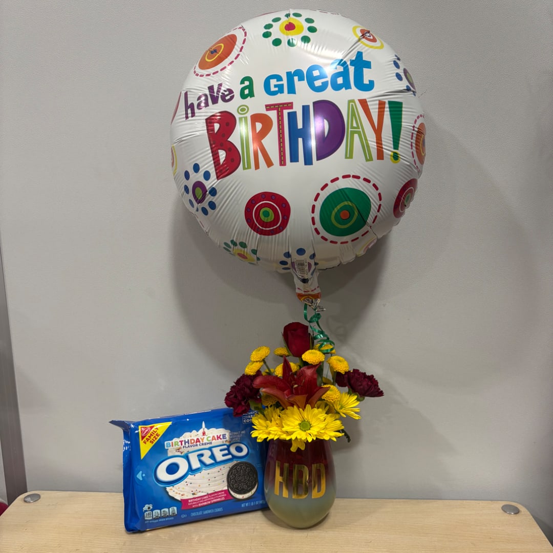 Birthday balloon with a flower bouquet, vase, and Oreo cookies