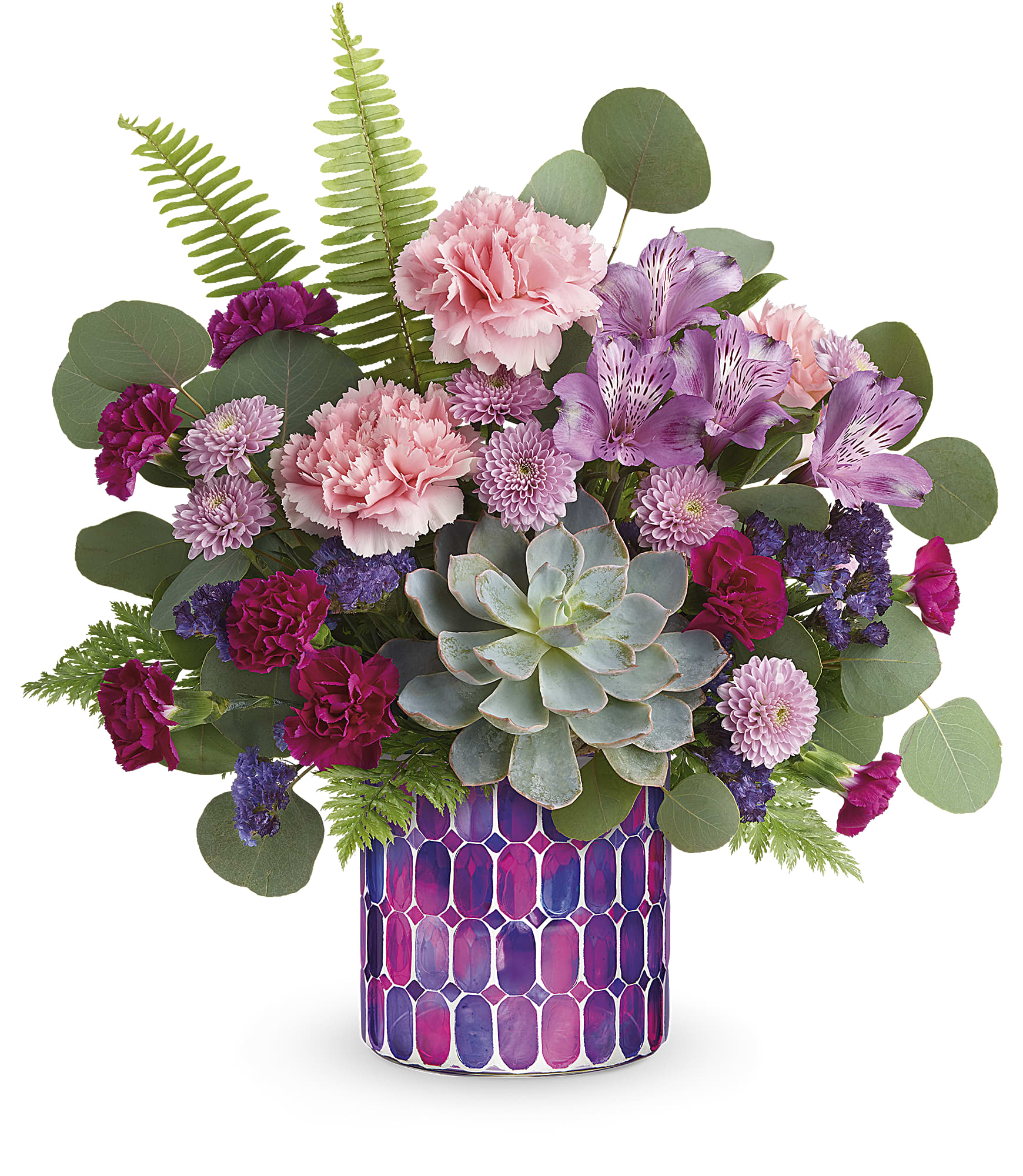 Bedazzling Beauty Bouquet - Inspired by stained glass, this magnificent mosaic glass vase, filled with fabulous pink and purple blooms, is a dazzling way to celebrate someone truly special! Purple alstroemeria, pink carnations, miniature purple carnations, lavender button spray chrysanthemums and purple sinuata statice are arranged with sword fern, leatherleaf fern, and silver dollar eucalyptus. Delivered in Teleflora's Bedazzling Beauty cylinder. Approximately 14" W x 15" H