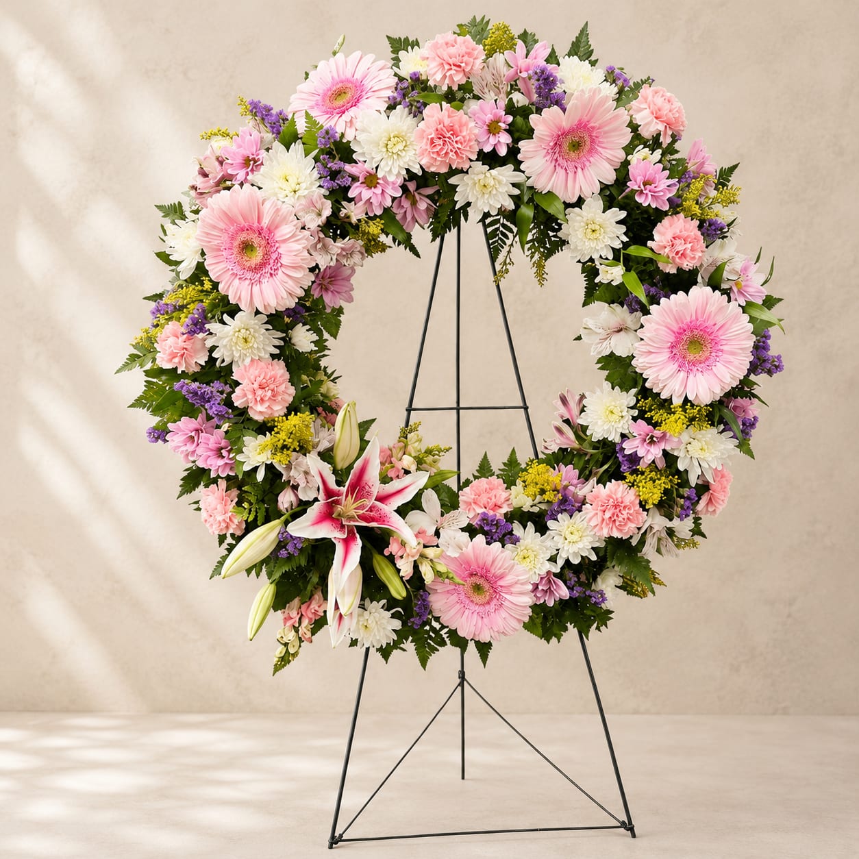Nanshe's Gentle Remembrance – Luxury Standing Sympathy Wreath - Inspired by Nanshe, the ancient Mesopotamian goddess of compassion, mercy, and protection, this elegant standing wreath offers a heartfelt tribute to a life remembered with love.  Nanshe's Gentle Remembrance features a harmonious blend of soft pink gerbera daisies, delicate carnations, white chrysanthemums, fragrant stargazer lilies, white alstroemeria, and seasonal accent flowers, beautifully arranged among lush greenery in a timeless circular wreath. The wreath symbolizes eternity, honoring cherished memories while offering comfort and hope to family and friends.  Its gentle palette of blush pink, ivory, lavender, and fresh green creates a peaceful presence during funeral services, memorial ceremonies, celebrations of life, or graveside tributes.  Each wreath is individually handcrafted by Flower Fairy using the freshest premium flowers available. While seasonal substitutions may occasionally be necessary, the overall color palette, elegant style, and luxurious presentation will always be carefully preserved.