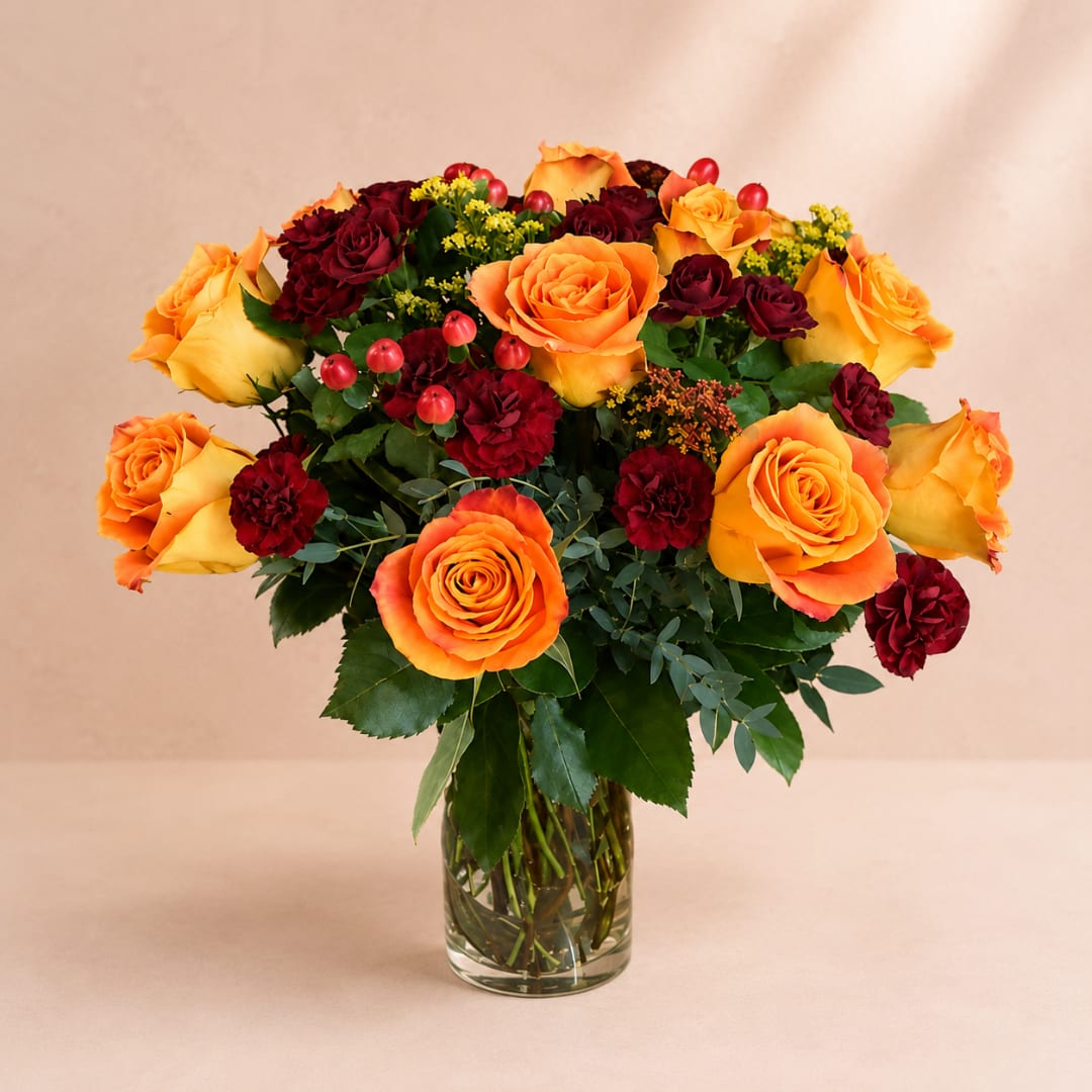 Orange and burgundy roses in a clear glass vase