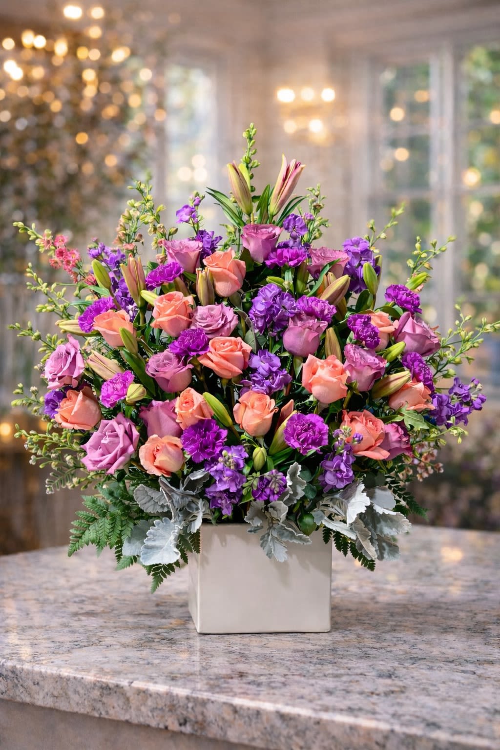 Vibrant Elegance Bouquet - A rich and vibrant garden-style arrangement featuring premium lavender and peach roses, elegant lilies, lush purple accent blooms, and textured seasonal greenery arranged in a modern white ceramic vase. Designed with fullness and layered color, this piece blends soft peach, lavender, and deep violet tones for a dynamic yet balanced presentation. The mix of roses, lilies, and seasonal florals creates depth, texture, and movement while maintaining a refined silhouette. Perfect for birthdays, celebrations, anniversaries, Mother’s Day, thank-you gifts, or elegant home décor. • Premium lavender and peach roses • Fresh lily stems • Purple seasonal accent blooms • Lush greenery • Modern white ceramic vase included • Full, rounded premium design Handcrafted for symmetry, density, and vibrant impact. ⸻  Seasonal &amp; Freshness Guarantee We carefully select the freshest blooms available to ensure vibrant color and longevity. Because flowers are seasonal and availability may vary, certain accent blooms or specific shades may occasionally be substituted. If substitutions are necessary, we will: • Maintain the same peach, lavender, and purple color palette • Preserve the same full, garden-style design • Keep the same overall size and premium value • Use flowers of equal or greater quality Your arrangement will always reflect the same lush and elegant aesthetic shown — never a simplified or reduced version. Each piece is designed to maintain fullness, balance, and color harmony.