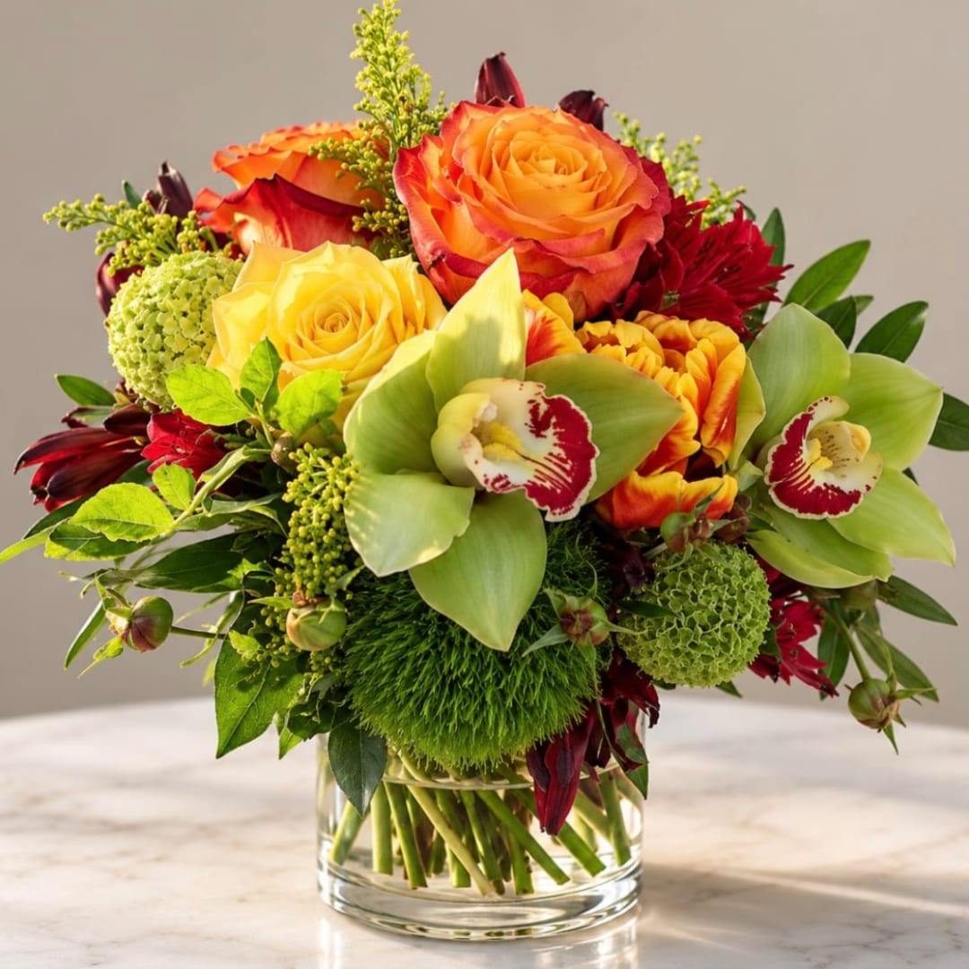 Mixed bouquet of orange and yellow roses with green orchids in a glass vase