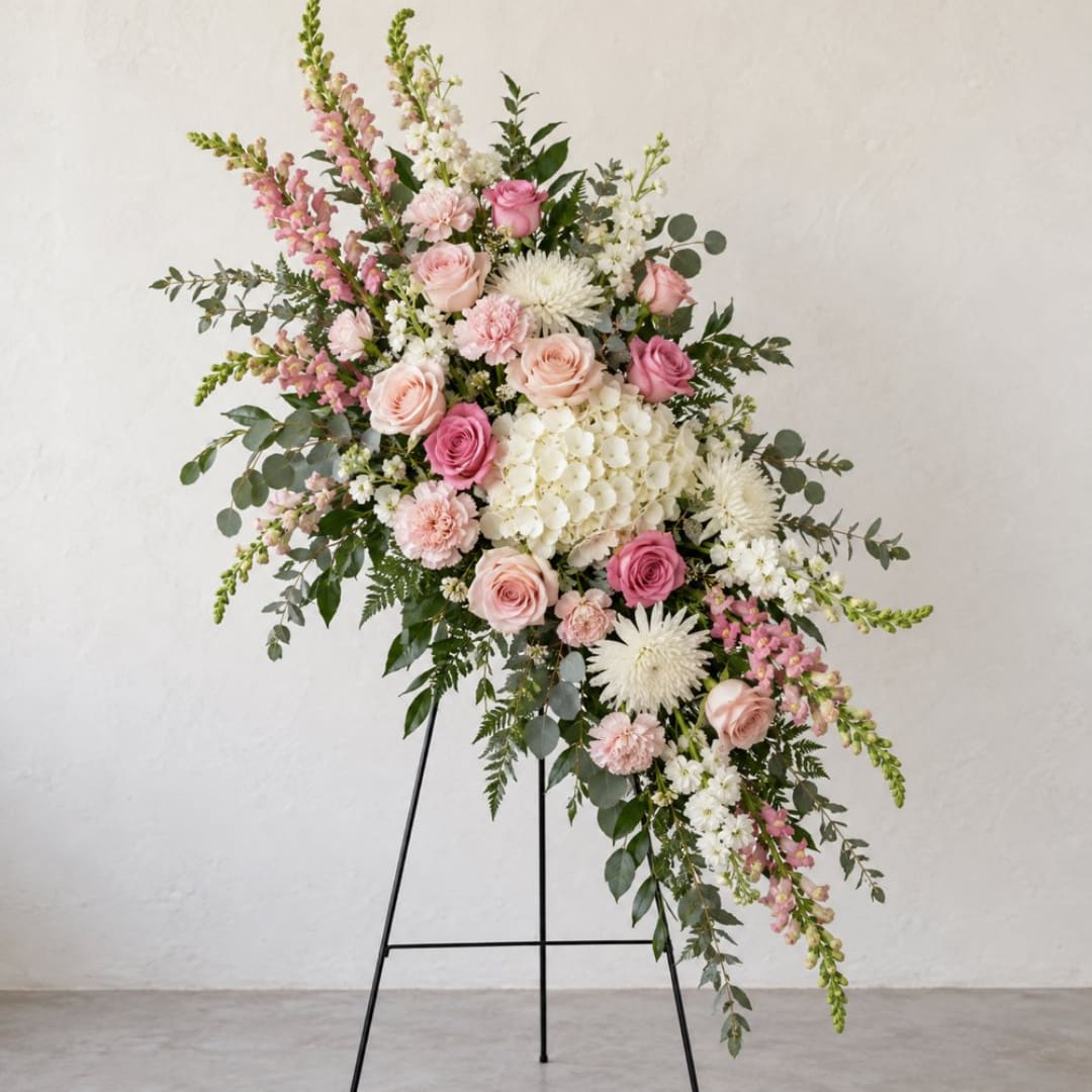 Pink and white floral spray on a black stand