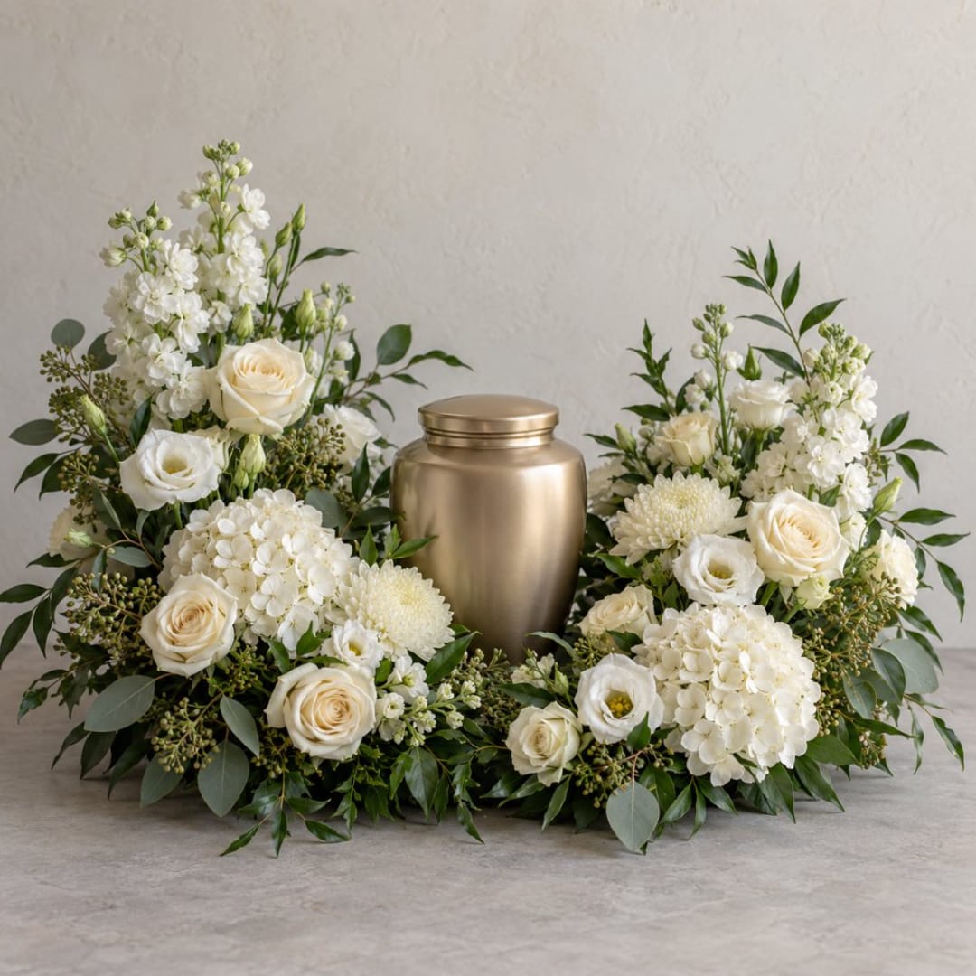 White floral funeral urn arrangement with roses and hydrangeas around a gold urn