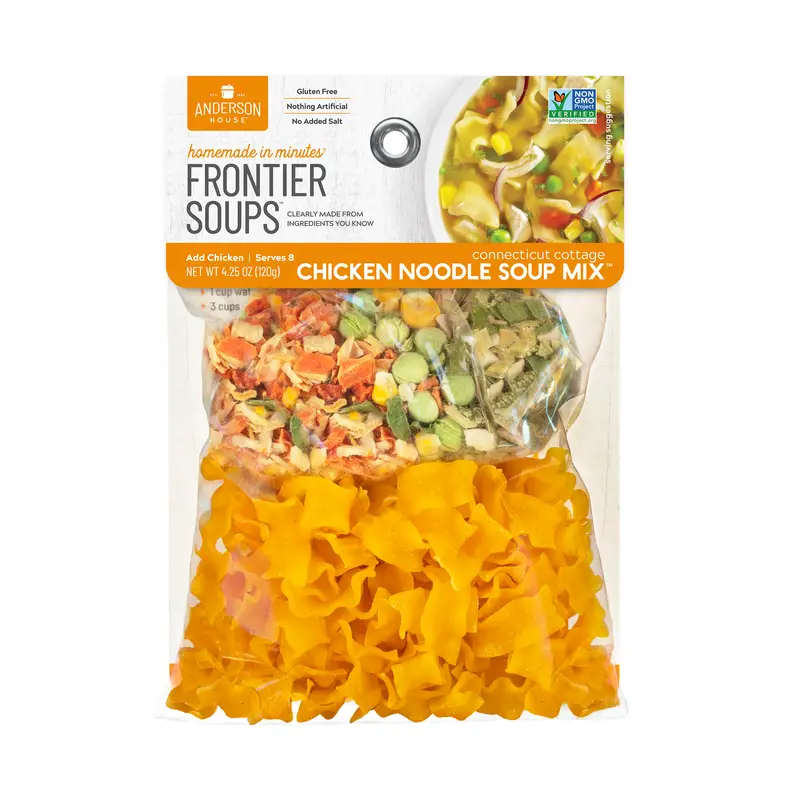 Package of chicken noodle soup mix with visible dried noodles and vegetables