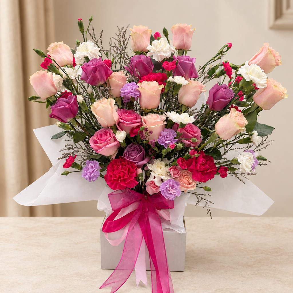 Bouquet of pink and purple roses with white carnations in a box