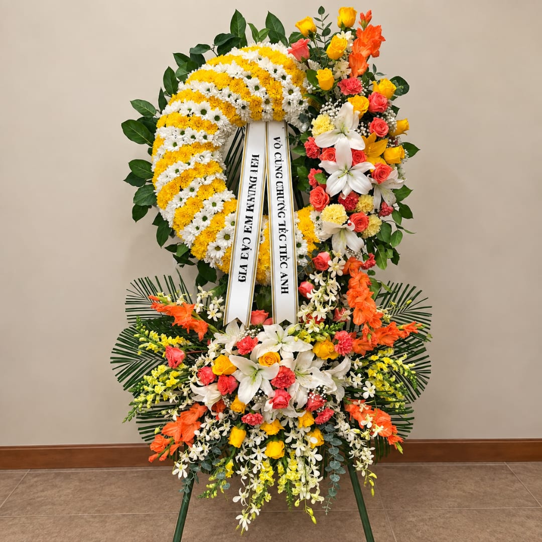 Large standing floral wreath with white and yellow flowers and a ribbon
