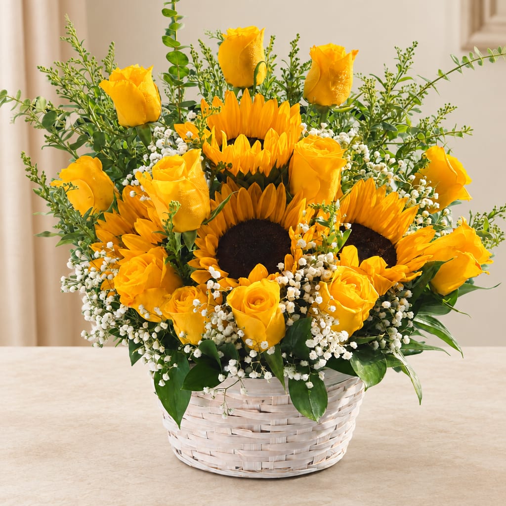 Yellow roses and sunflowers arranged in a white basket