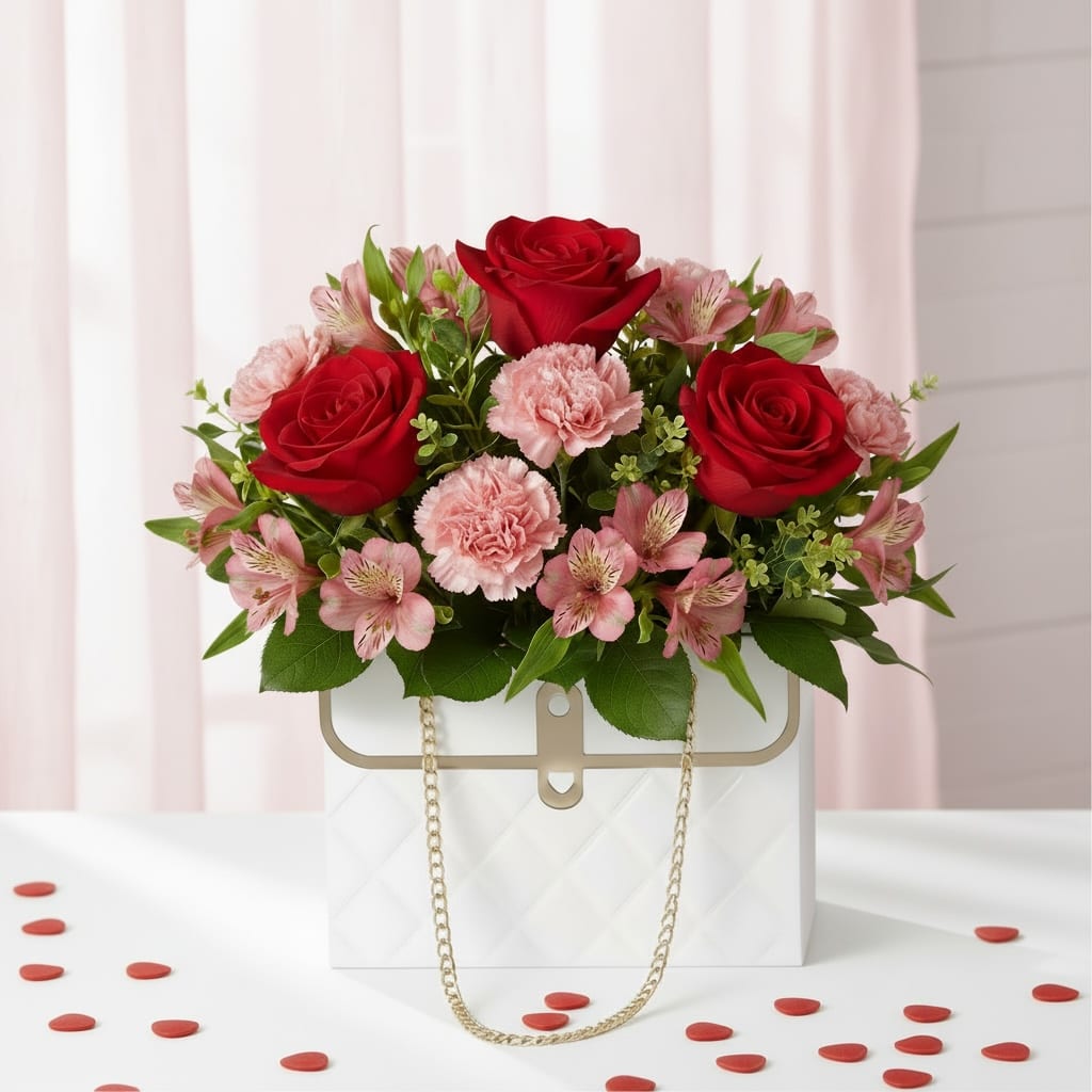 Red roses and pink flowers arranged in a white gift box with a chain handle.