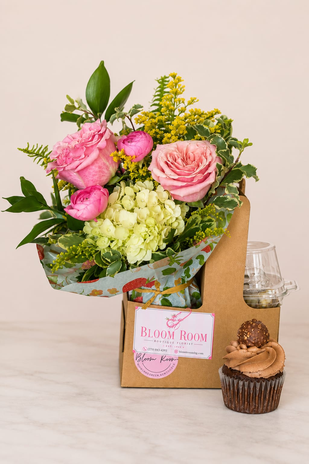 Petals &amp; Pastries  - The Petals &amp; Pastries Set is the perfect little pick-me-up! Featuring a fresh florist choice bouquet paired with a gourmet cupcake for the sweetest surprise. Thoughtfully packaged in our signature Bloom Room style, this grab-and-go gift is perfect for birthdays, thank-yous, celebrations, or simply treating yourself.