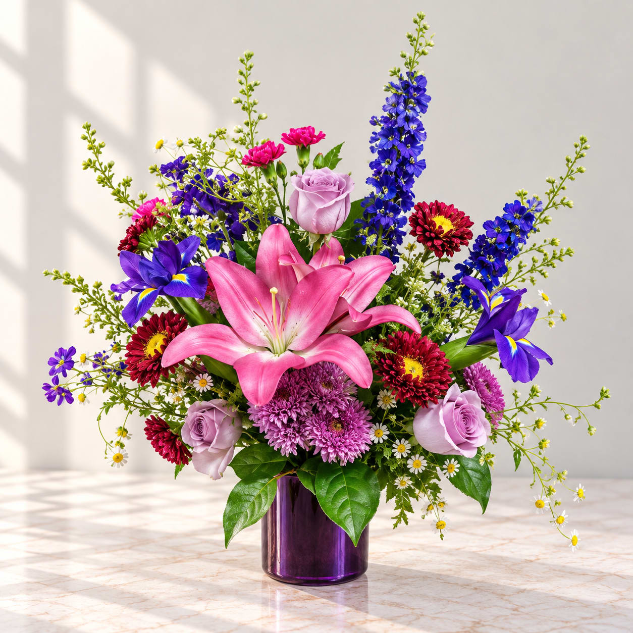 Colorful bouquet with pink lilies, lavender roses, and blue flowers in a purple vase