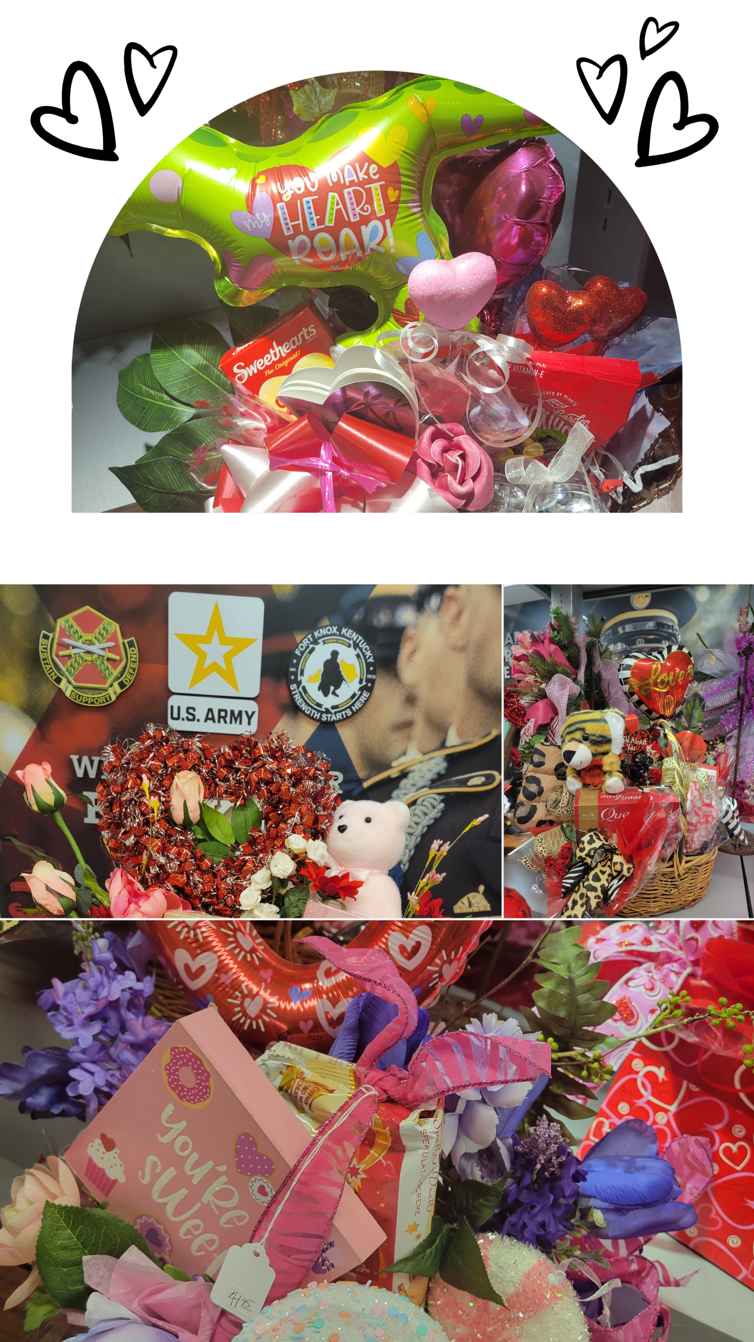 Gift baskets and bouquets with heart balloons, candy, and teddy bears