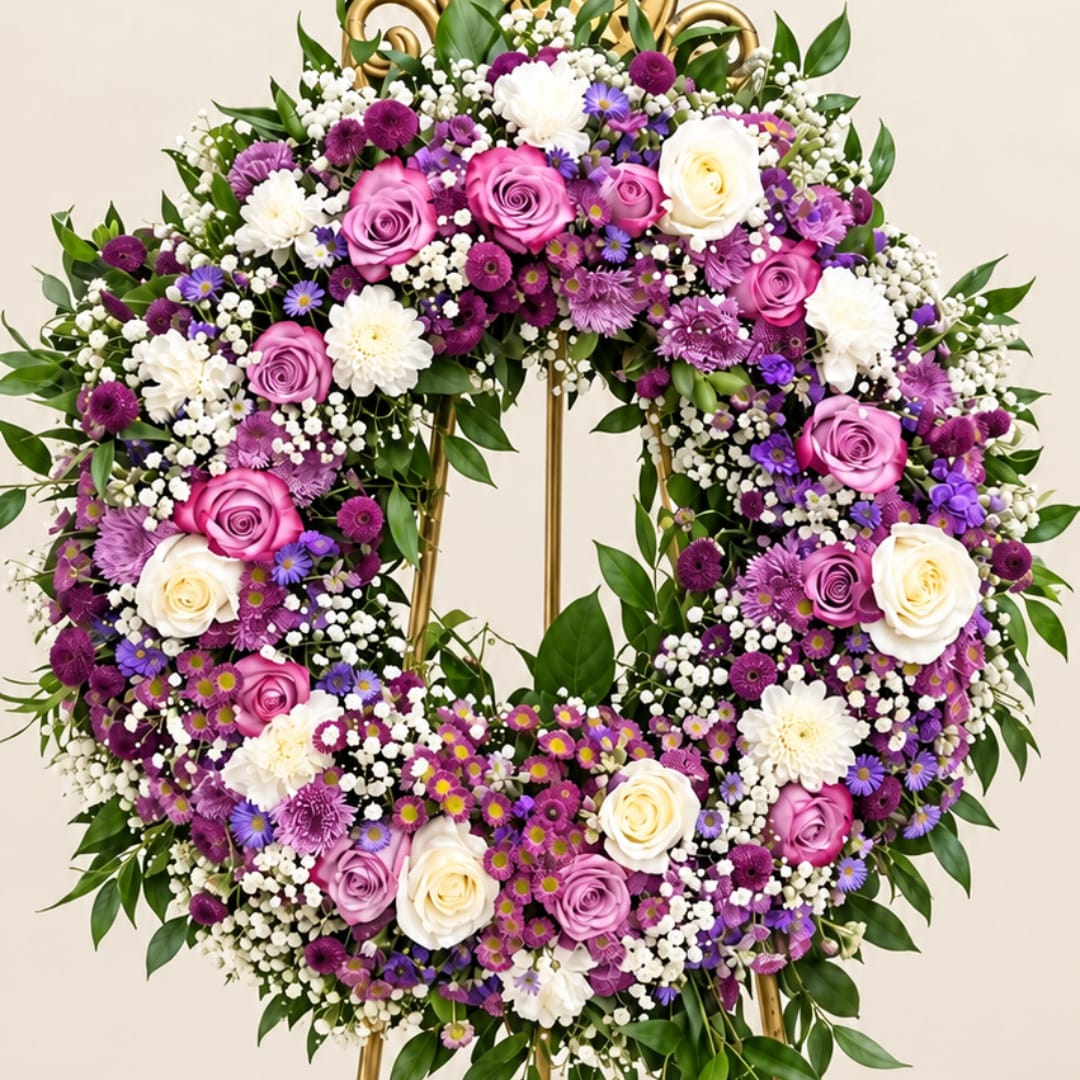 Heart-shaped floral wreath with pink, purple, and white flowers
