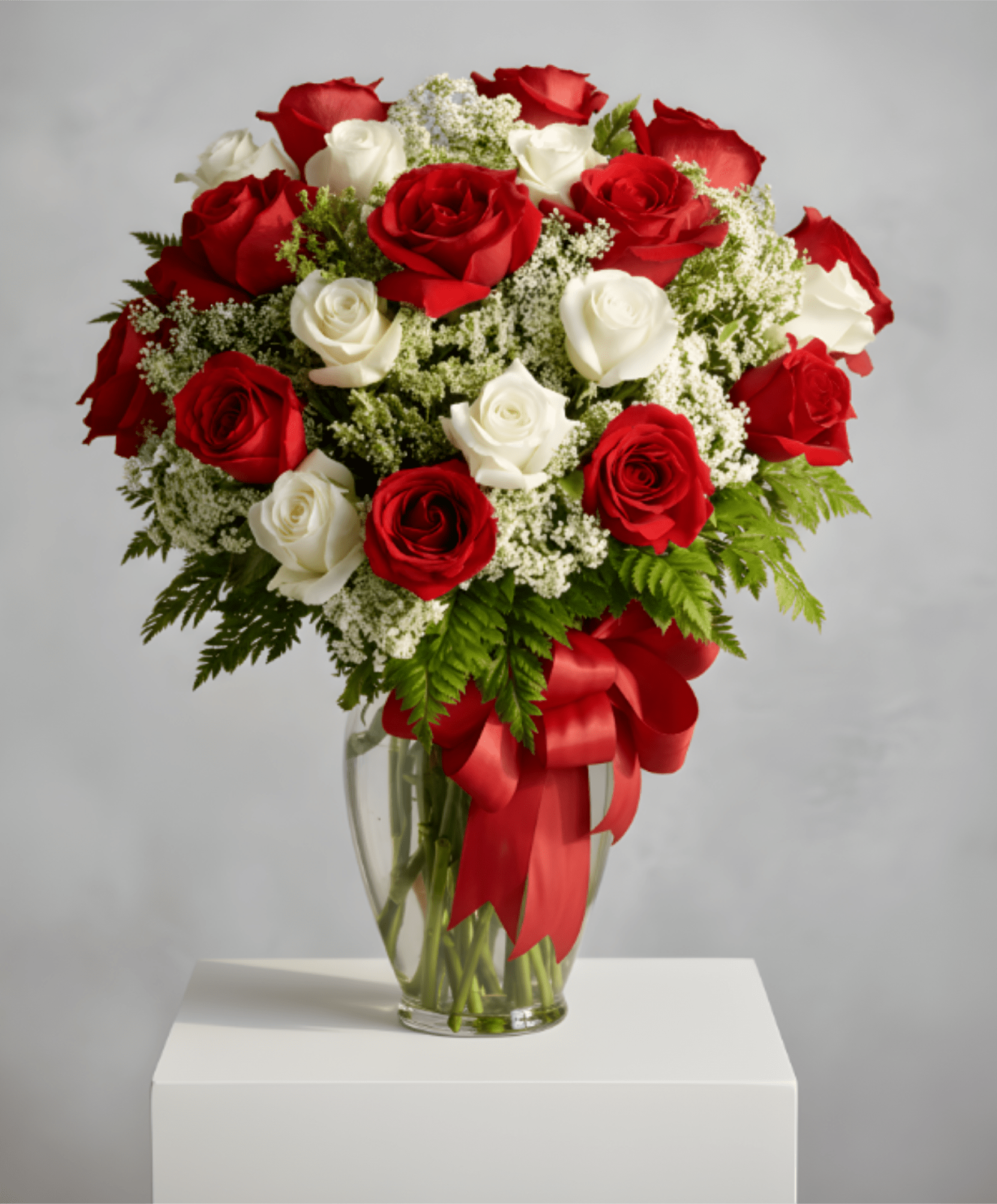 Red and white roses in a clear glass vase with a red ribbon