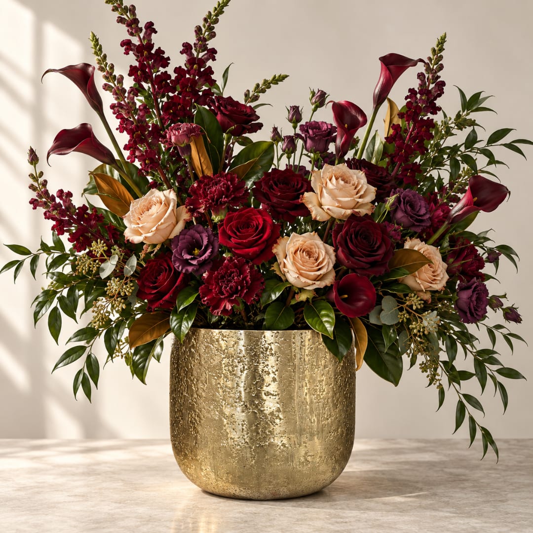 Mixed burgundy and blush floral arrangement in a gold vase