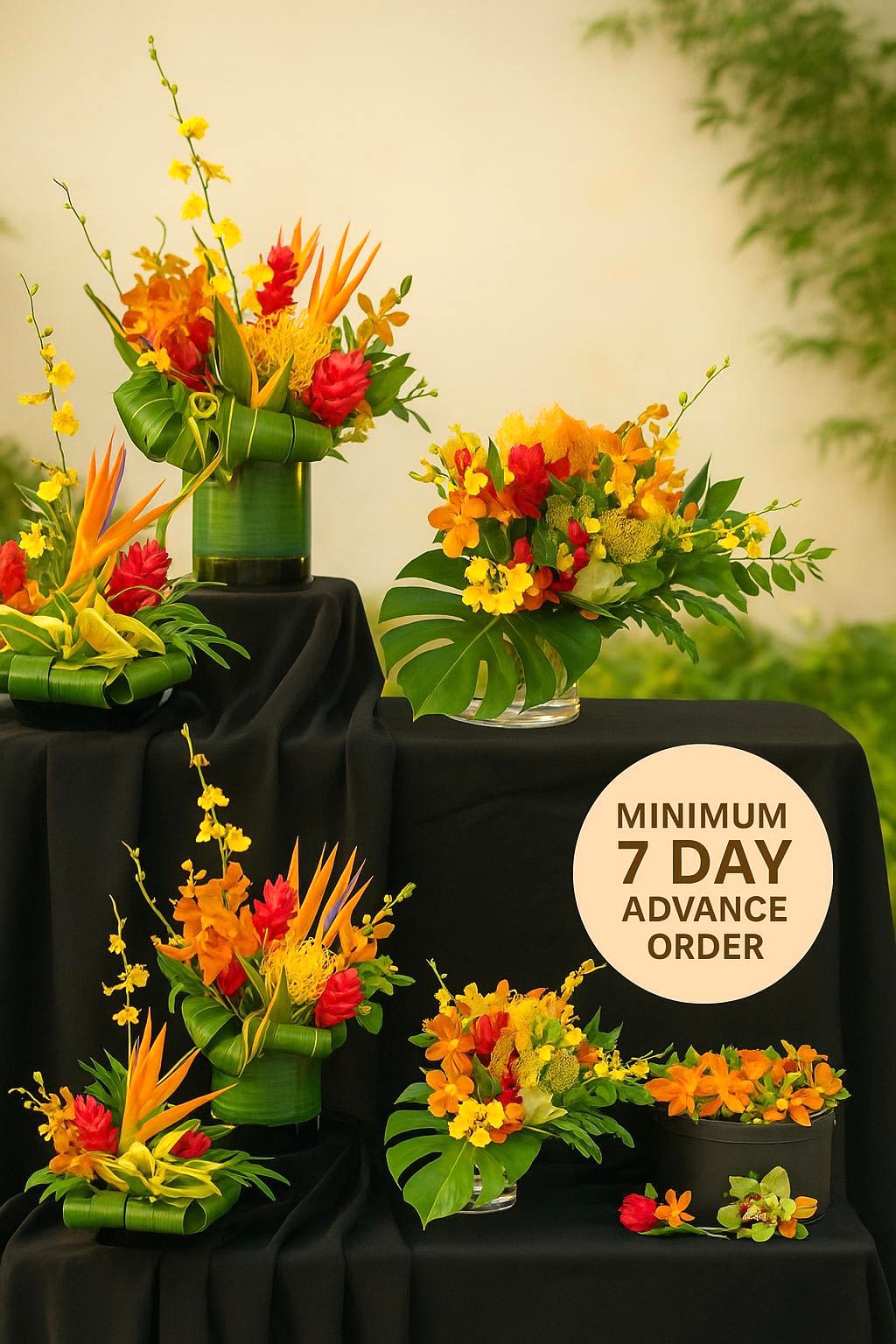 Collection of tropical orange, yellow, and red flower arrangements in green and black containers on black fabric.
