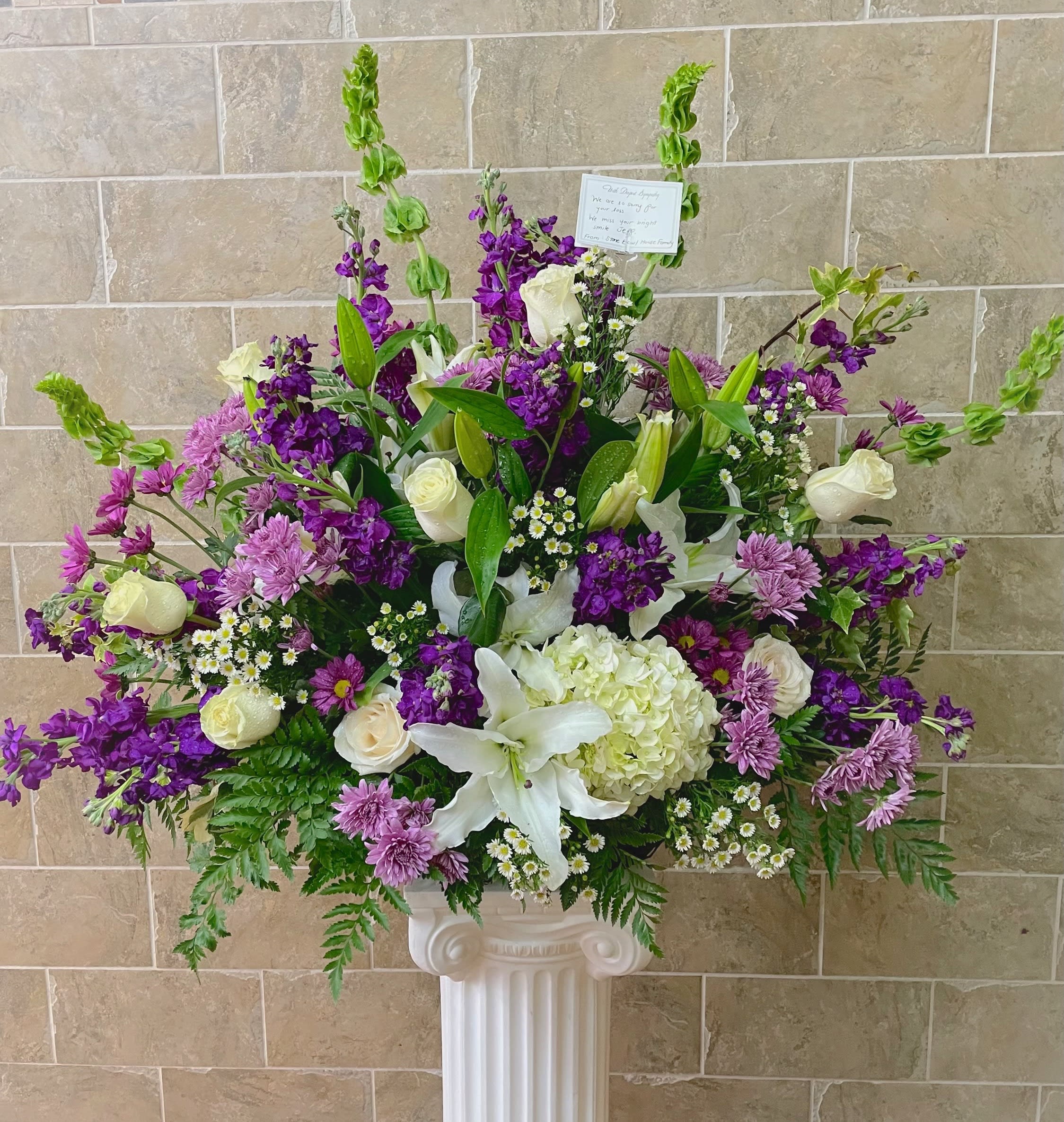 Violets and Whites Basket  - Designed in a large wooden basket to be placed on table/columns/floor.  Approximate Size is Picture Shown (appx: 40" by 36")   Like to change the color combination? Write on "Any Special Instructions"