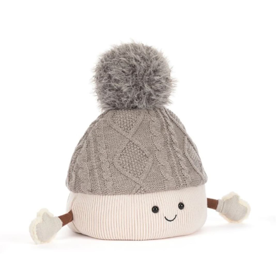 Plush winter hat character with pom-pom and small arms